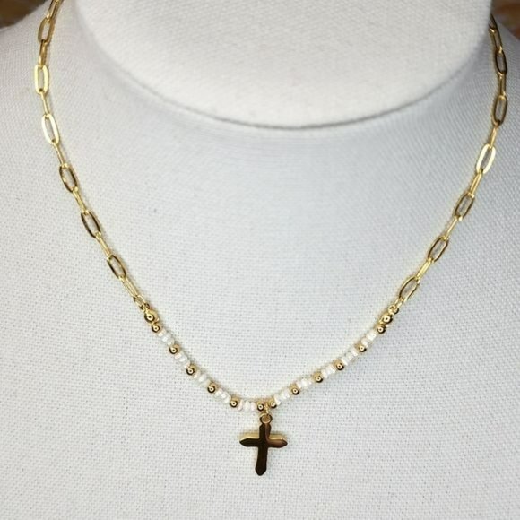 Gold‎ Plated Stainless Steel Chain Freshwater Pearl Beads Cross Pendant Necklace - Picture 10 of 14
